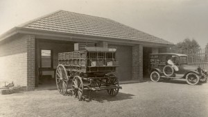 Garage, MCC original horse drawn cart and the Home's first motorised cart in 1920 - LDH Photo Album